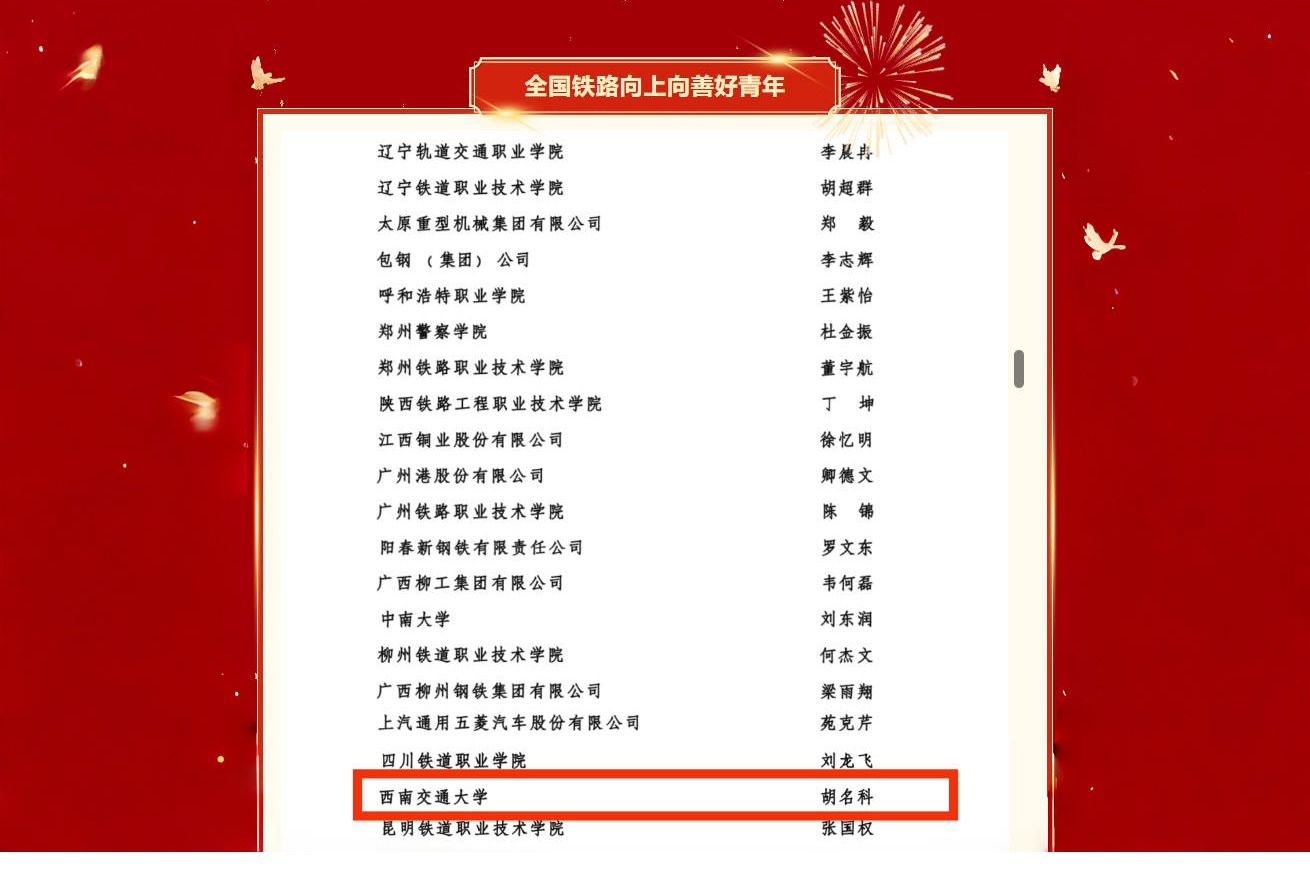 机械工程学院胡名科获评2024年度“全国铁路向上向善好青年（创新创效）”荣誉称号